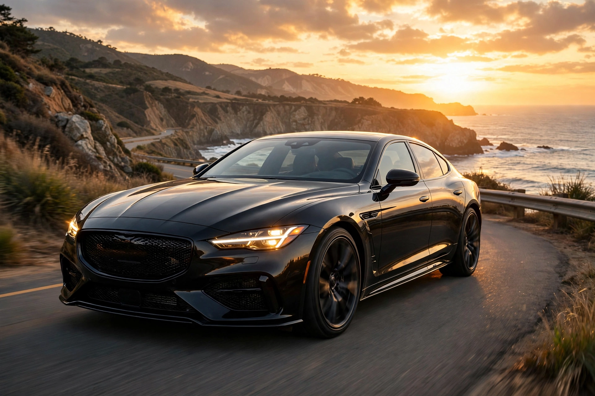 Car driving AI video trend: black luxury sedan on a coastal highway at golden hour