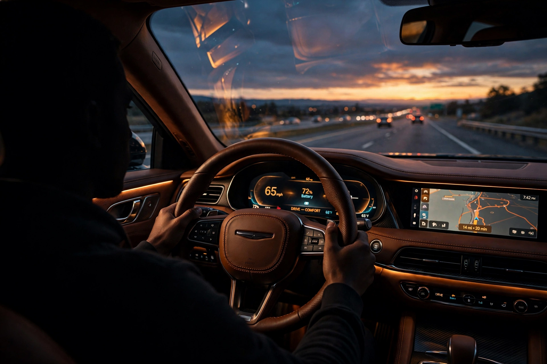 Driver sitting in a luxury car at dusk, viewed from the passenger side