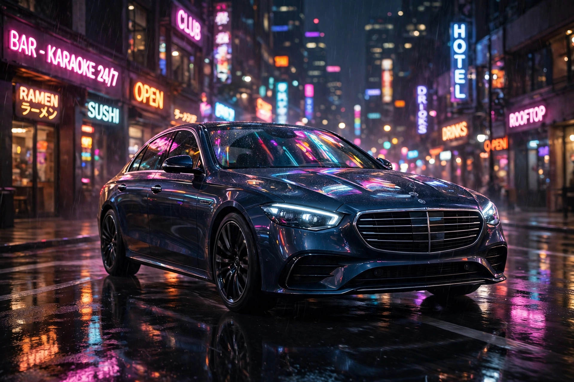 Black luxury sedan cruising through a neon-lit city street at night