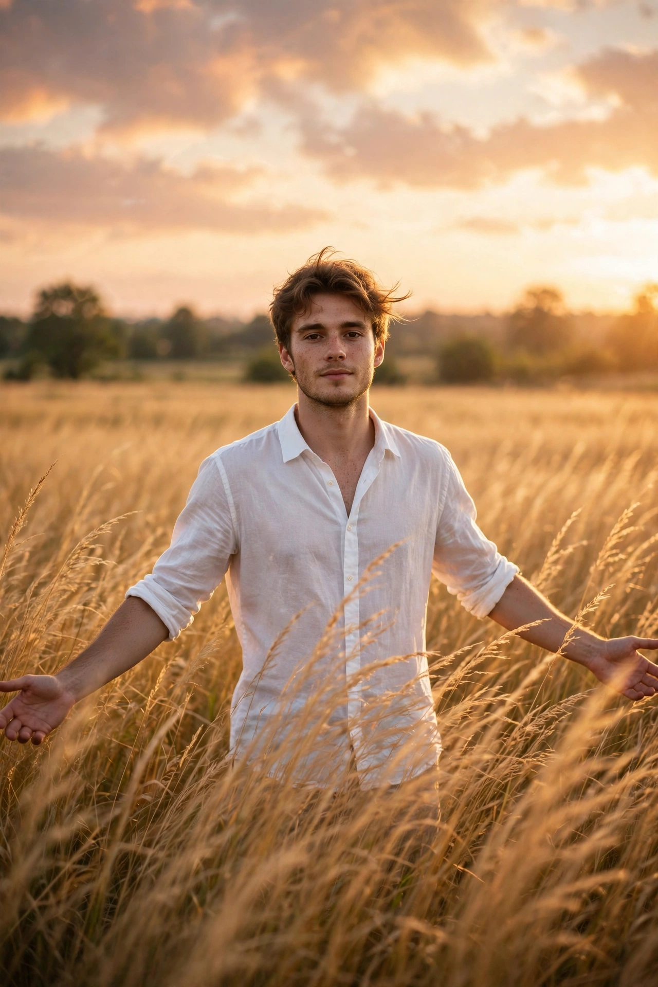 Grass AI photo editing prompts: AI-edited portrait of a young man in tall golden grass field at sunset