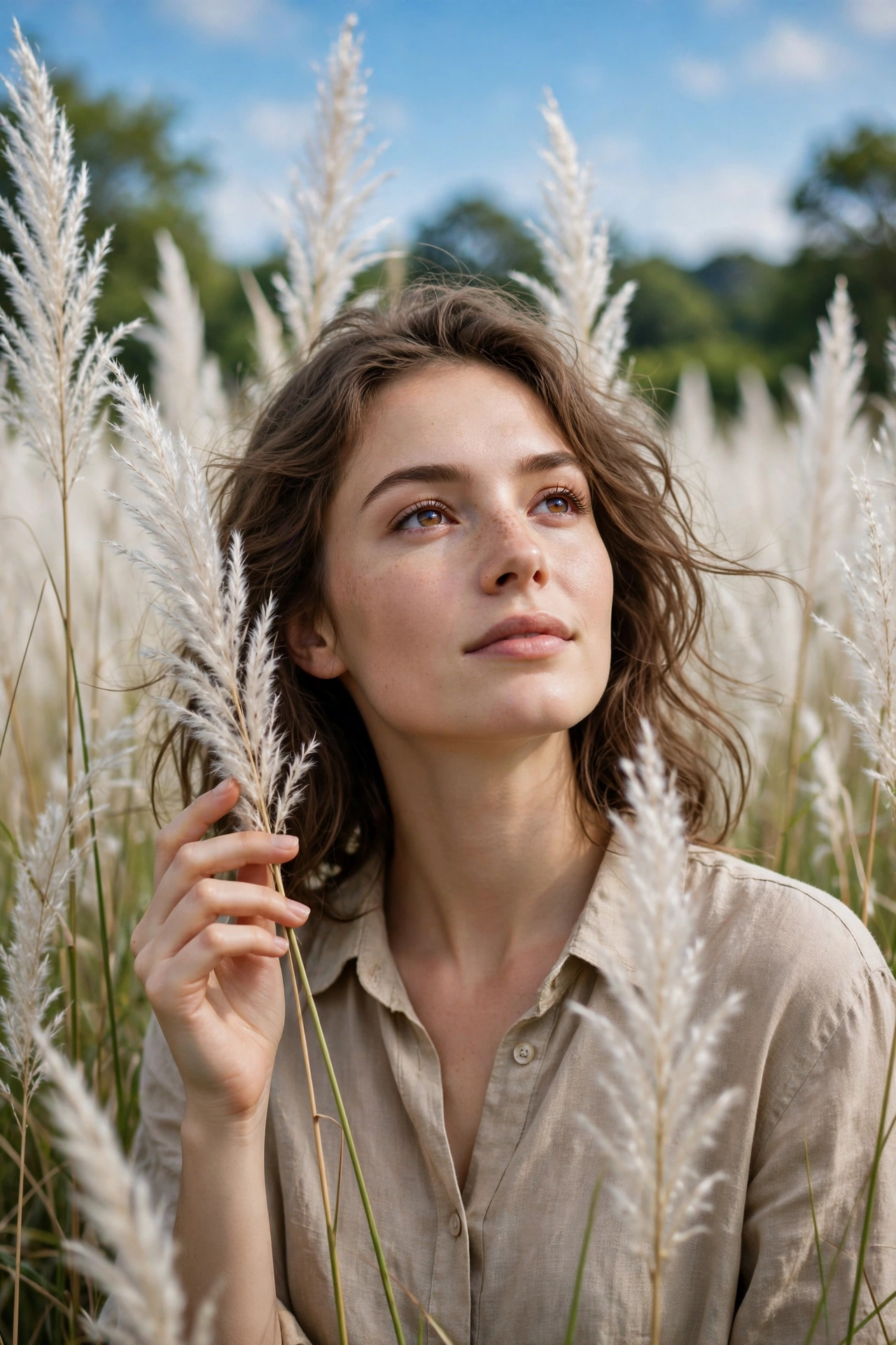 Dreamy AI portrait of a woman among tall white kash grass flowers