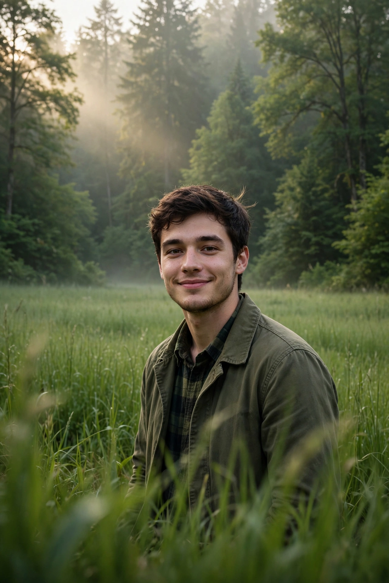AI-generated portrait of a man at the edge of a green meadow with forest behind