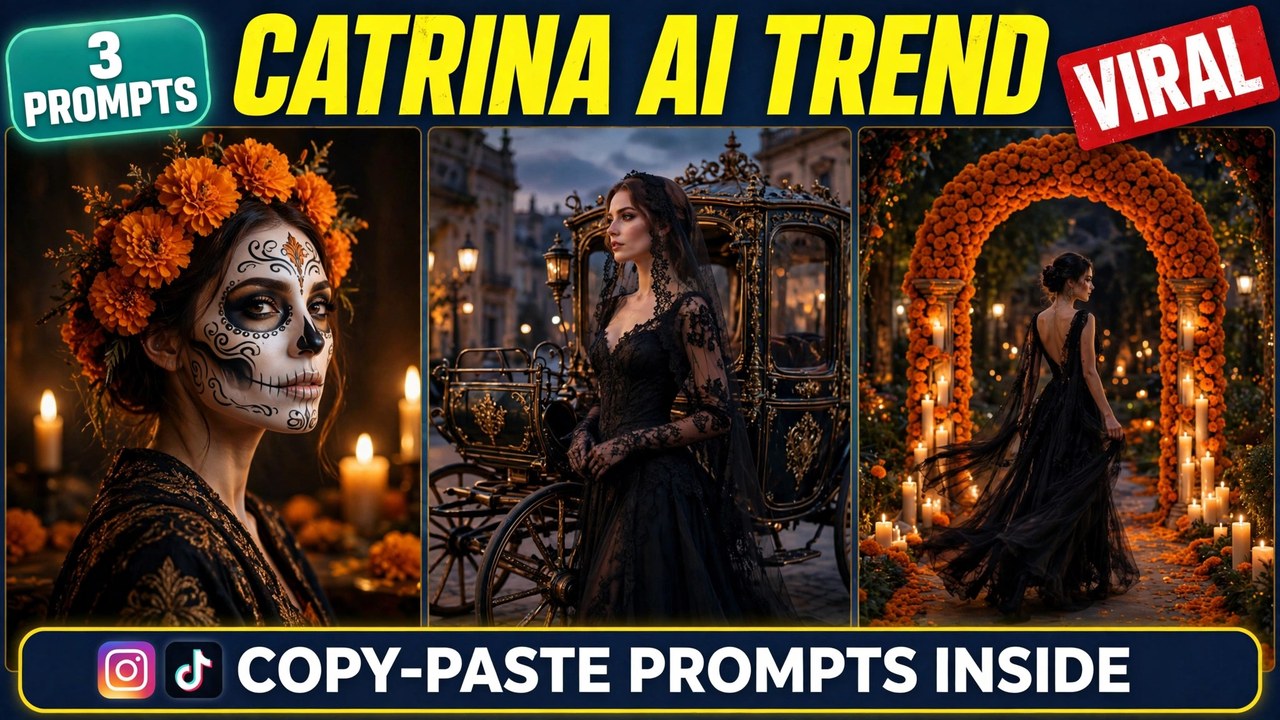 Elegant Catrina portrait with skeleton face paint, marigolds in her hair and a black gown
