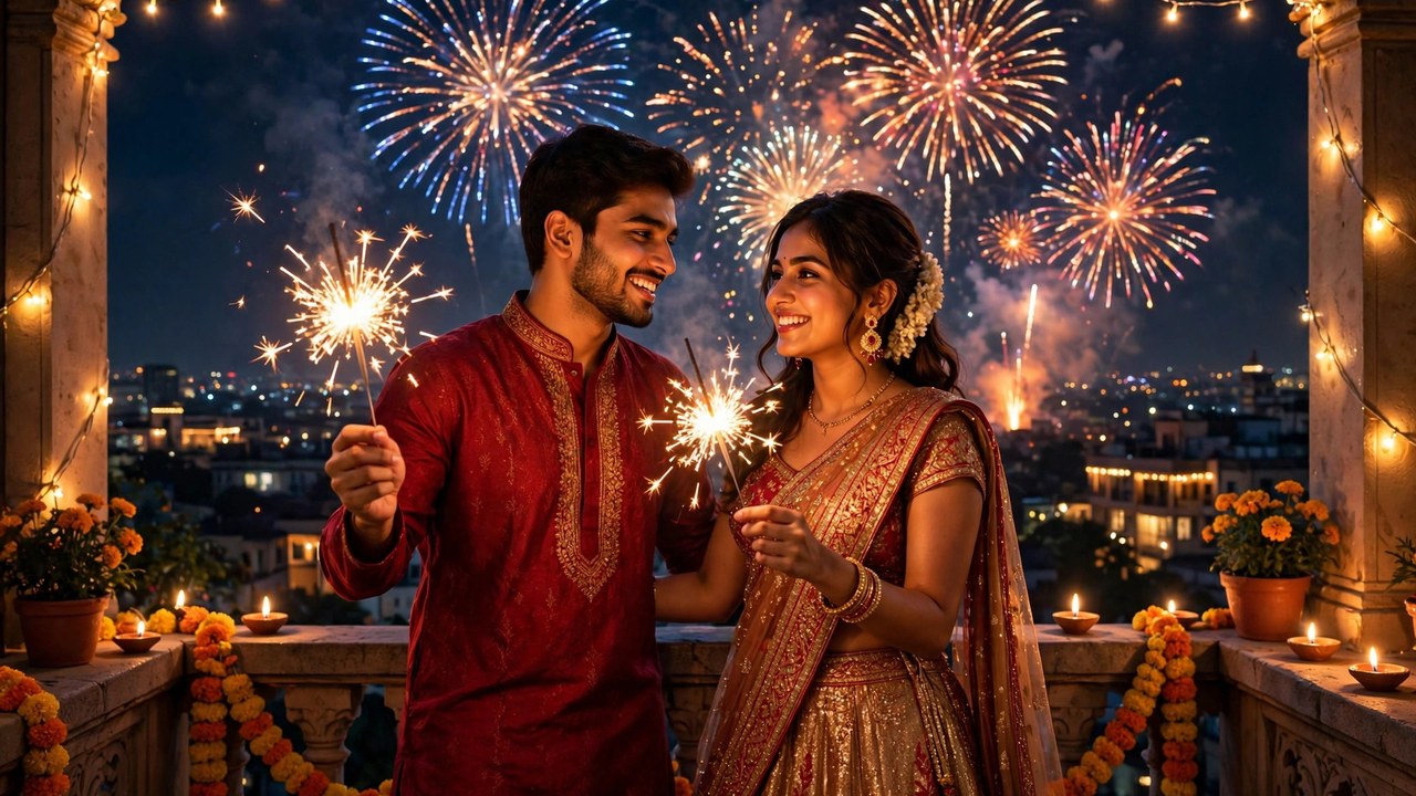 Joyful couple holding sparklers on a decorated balcony with Diwali fireworks in the night sky