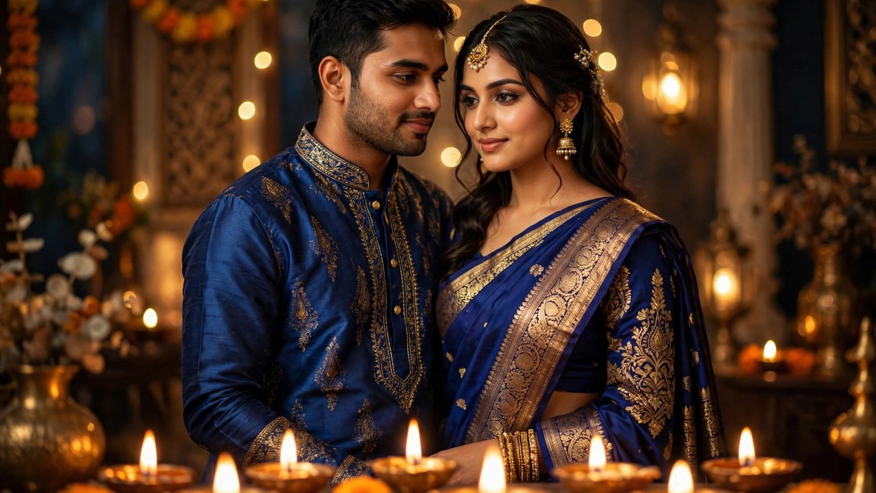 Elegant couple in royal blue silk Diwali outfits framed by glowing golden diyas