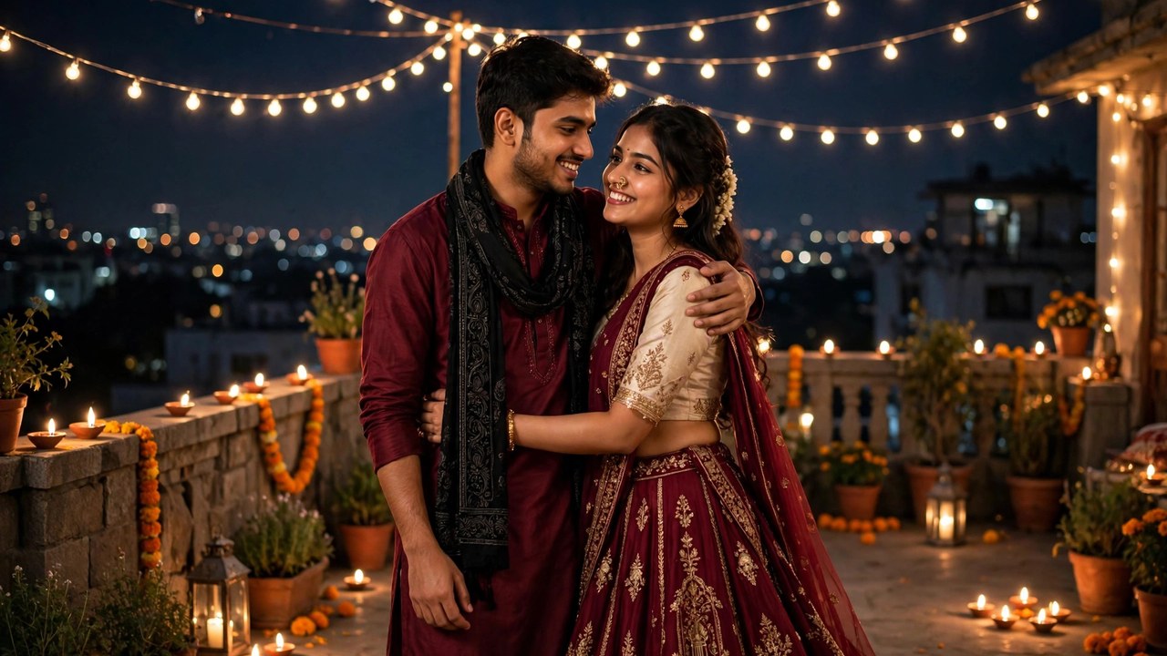 Couple in matching maroon Diwali outfits standing on a rooftop terrace with fairy lights and diyas at night
