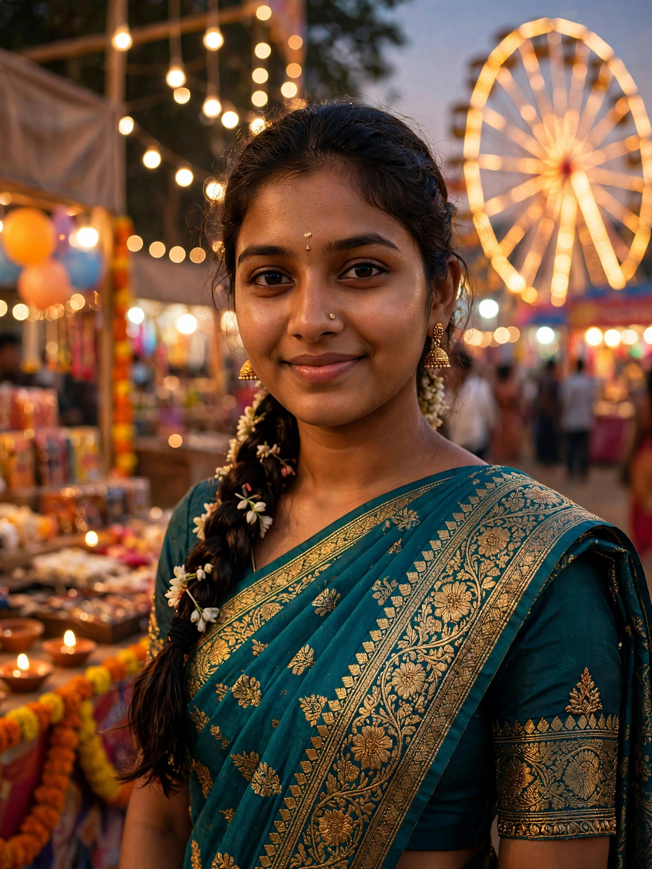 AI result image: woman in teal saree at a Dussehra mela with Ferris wheel and fairy lights