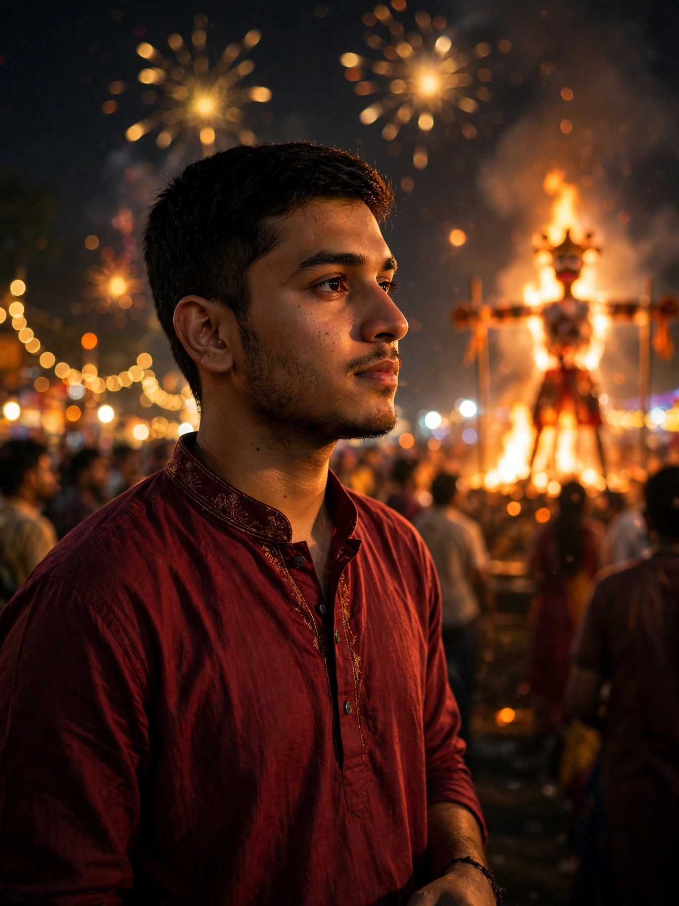 AI result image: man in maroon kurta watching the Ravan Dahan with fire glow and fireworks