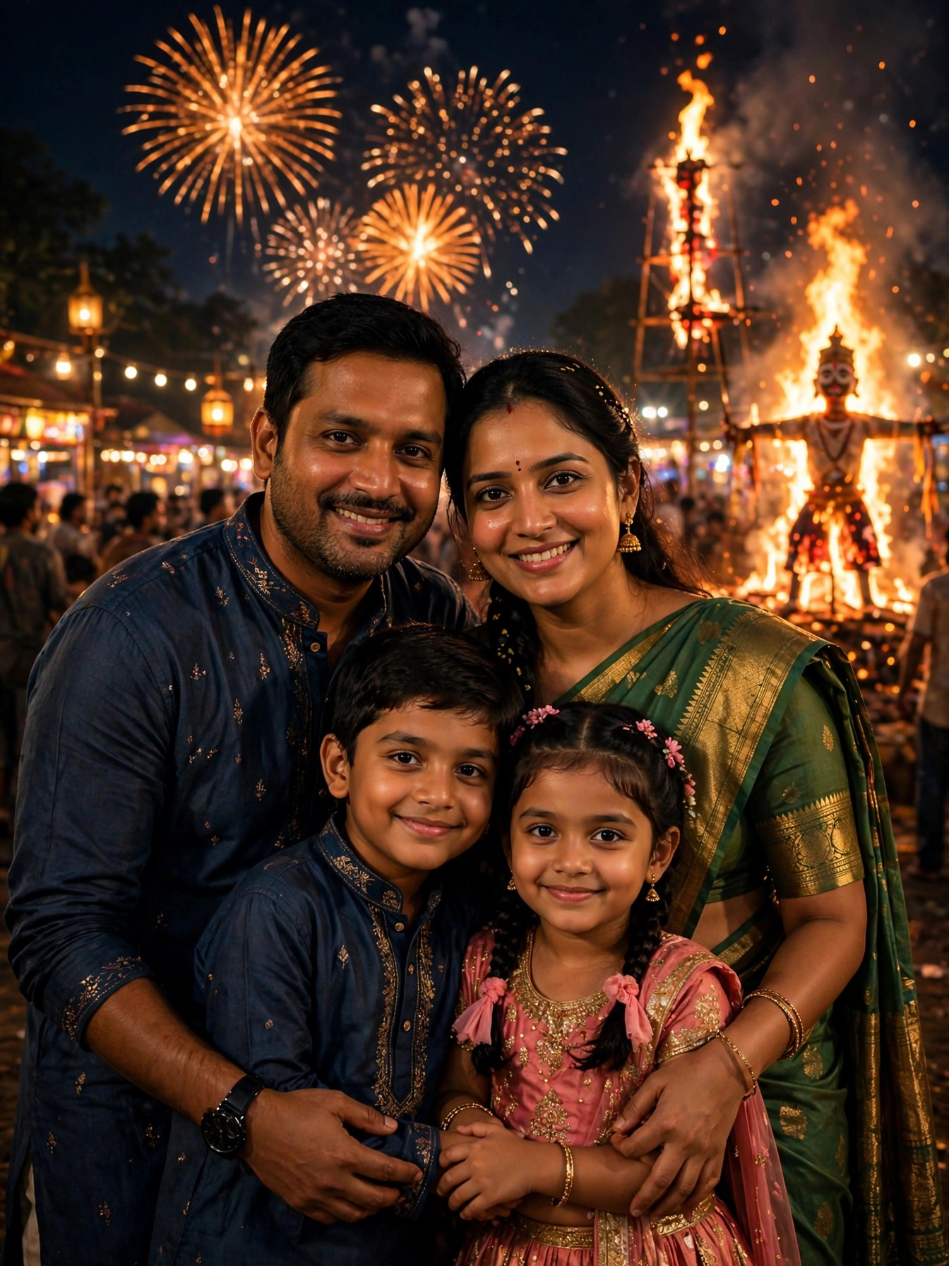 AI result image: family in traditional attire watching fireworks and the Ravan Dahan