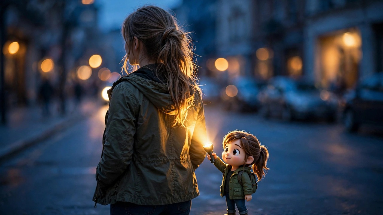 Flash Light AI photo trend — tiny cartoon version holding a flashlight behind a woman, cinematic rim light