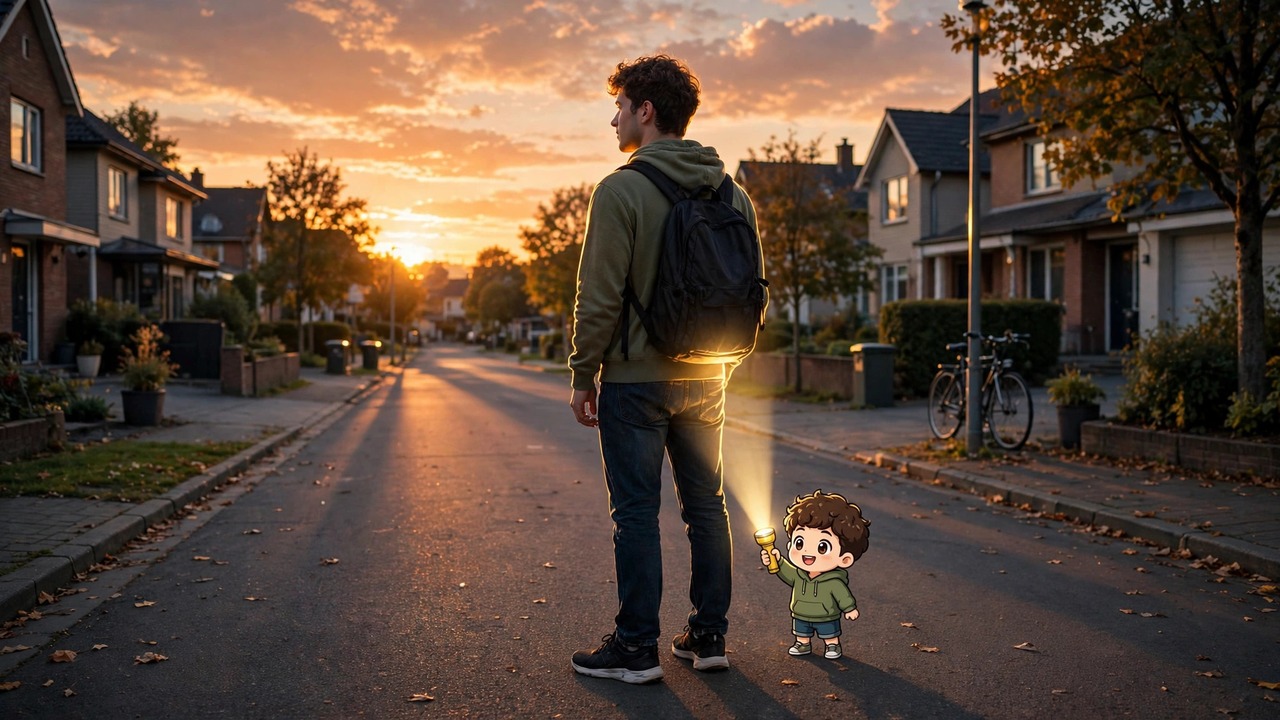 Flash Light AI photo trend prompt 1 — dusk street portrait with cinematic rim light glow