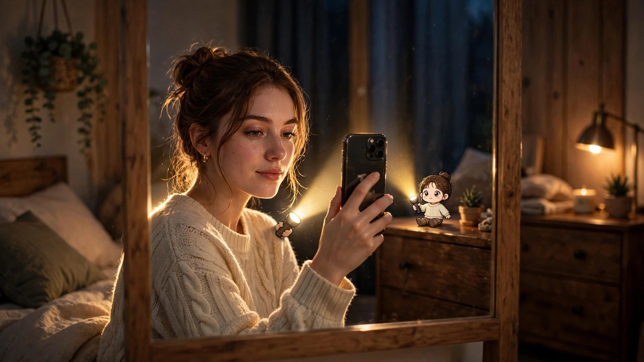 Flash Light AI photo trend prompt 3 — cozy indoor photo with soft flashlight glow