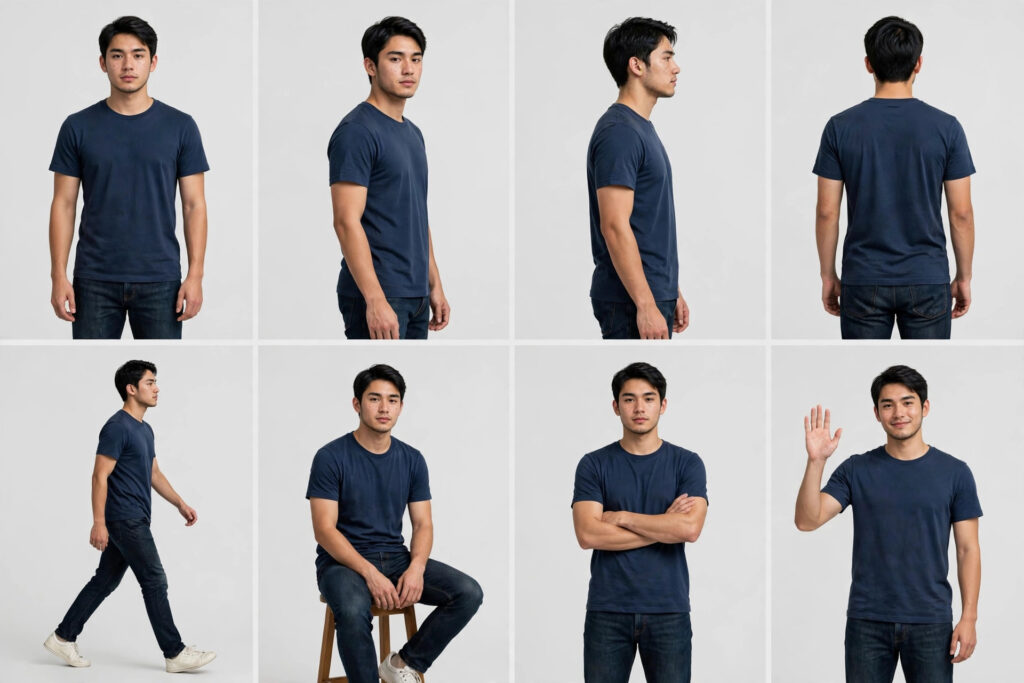 AI result image: a character sheet showing the same young man in a navy t-shirt and jeans in eight poses — front, three-quarter, side, back, walking, sitting, arms crossed and waving — on a plain light background