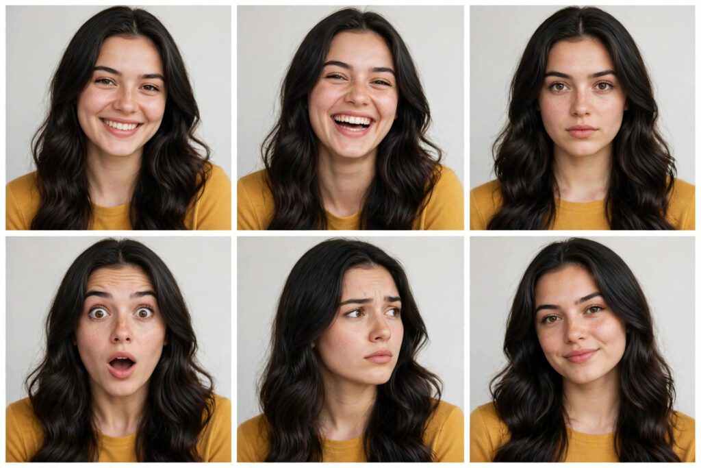 AI result image: an expression sheet with six close-up panels of the same woman smiling, laughing, serious, surprised, thoughtful and confident