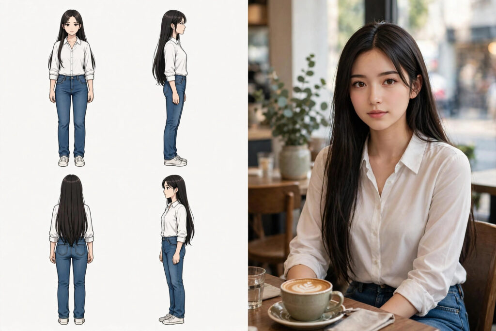 AI result image: a four-pose character sheet on the left and the same woman sitting in a cafe portrait on the right, showing a sheet reused as a reference for a new scene