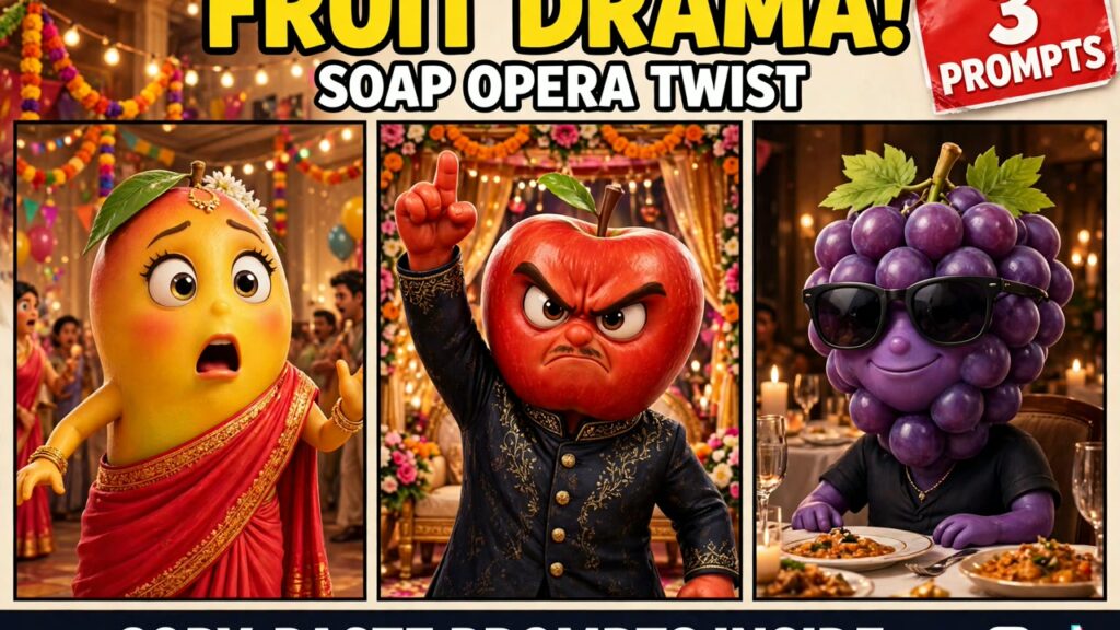 AI fruit drama: fruit characters starring in a soap opera — a mango heroine, an apple villain and a grape in sunglasses
