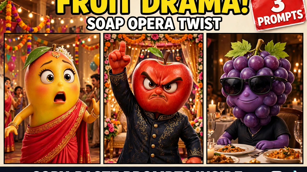 AI fruit drama: fruit characters starring in a soap opera — a mango heroine, an apple villain and a grape in sunglasses
