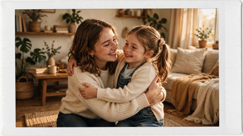 Hug My Younger Self AI trend — woman hugging her younger self in a warm polaroid-style photo
