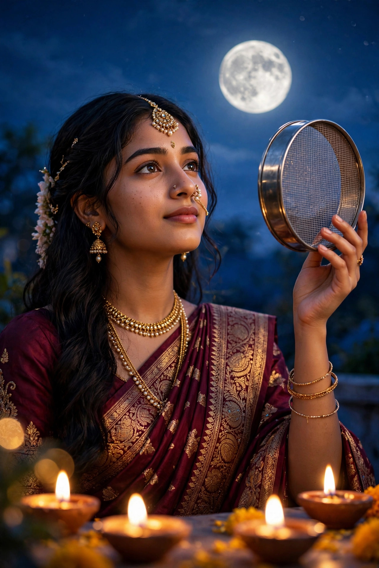 Woman in maroon saree with gold embroidery holding a traditional sieve toward the evening sky