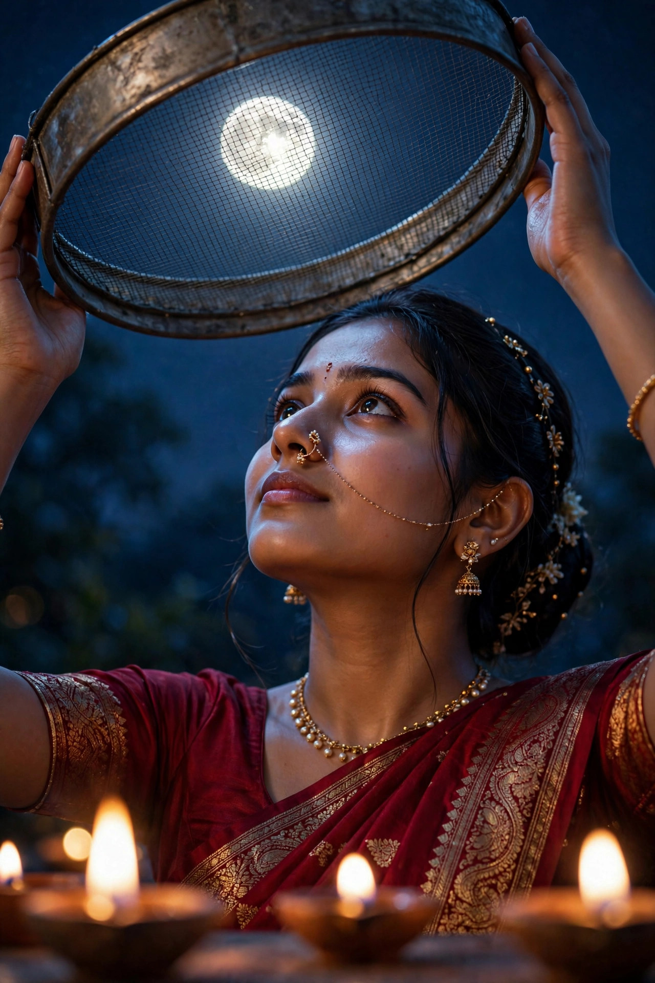 Woman in deep red saree gazing up at the full moon through a sieve, soft moonlight on her face