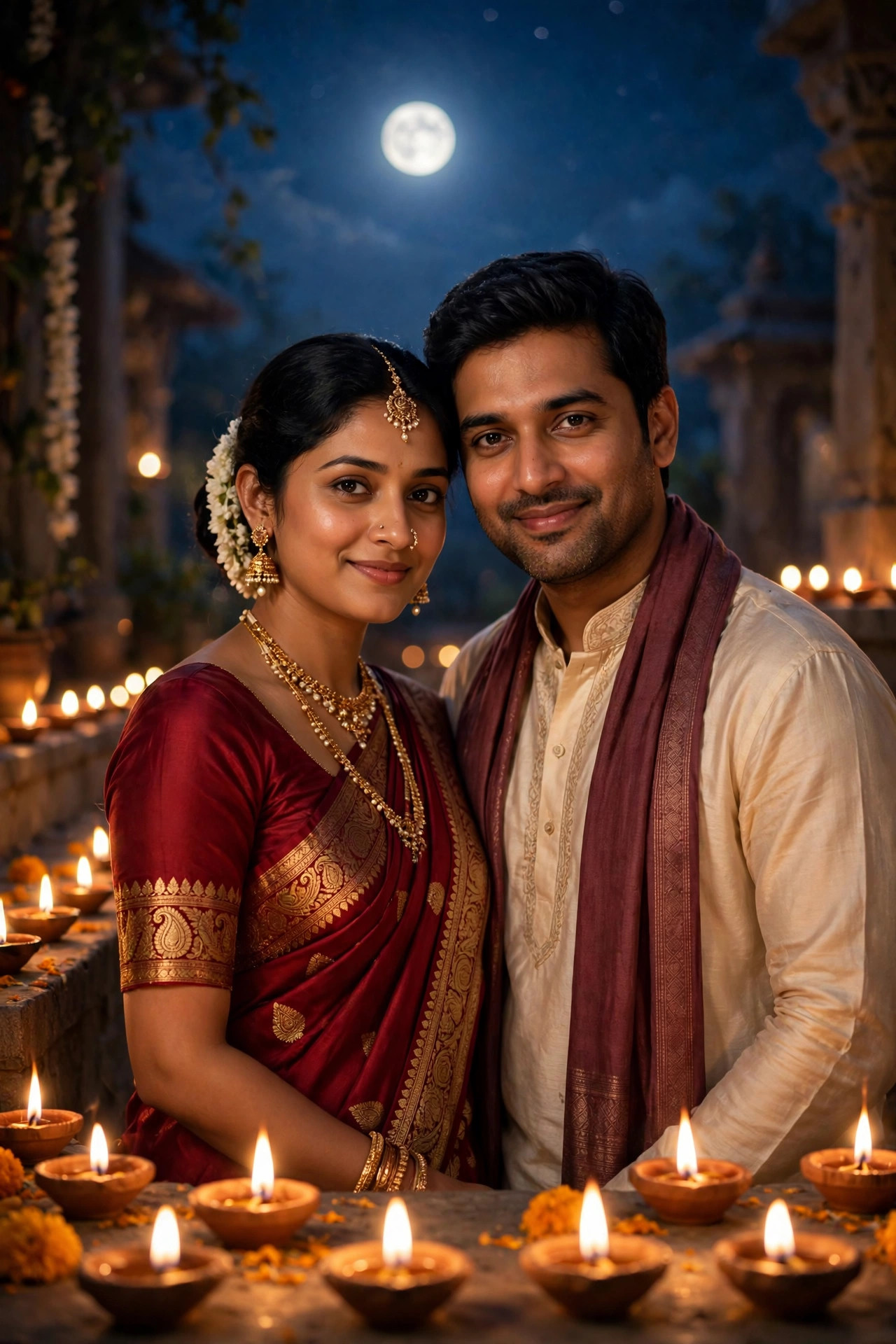 Married couple in festive attire standing close under a full moon with diyas glowing around them