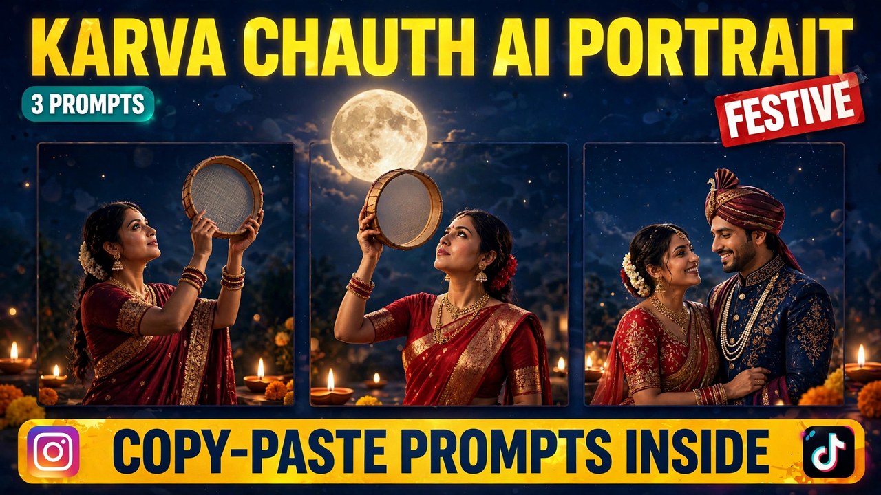 Woman in red saree holding a sieve toward the full moon with diyas glowing
