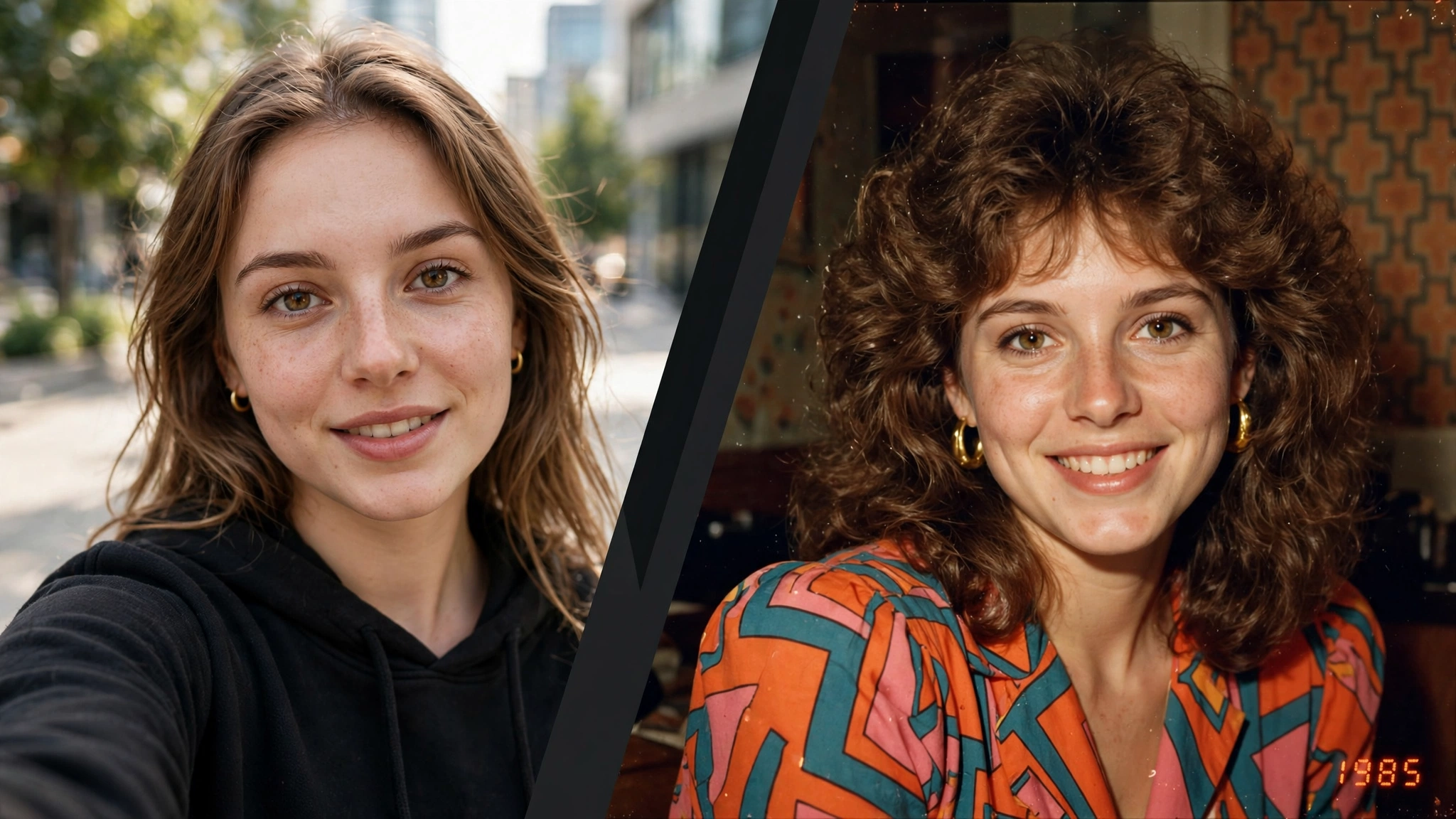 80s AI photo trend: modern selfie transformed into 1985 retro photo