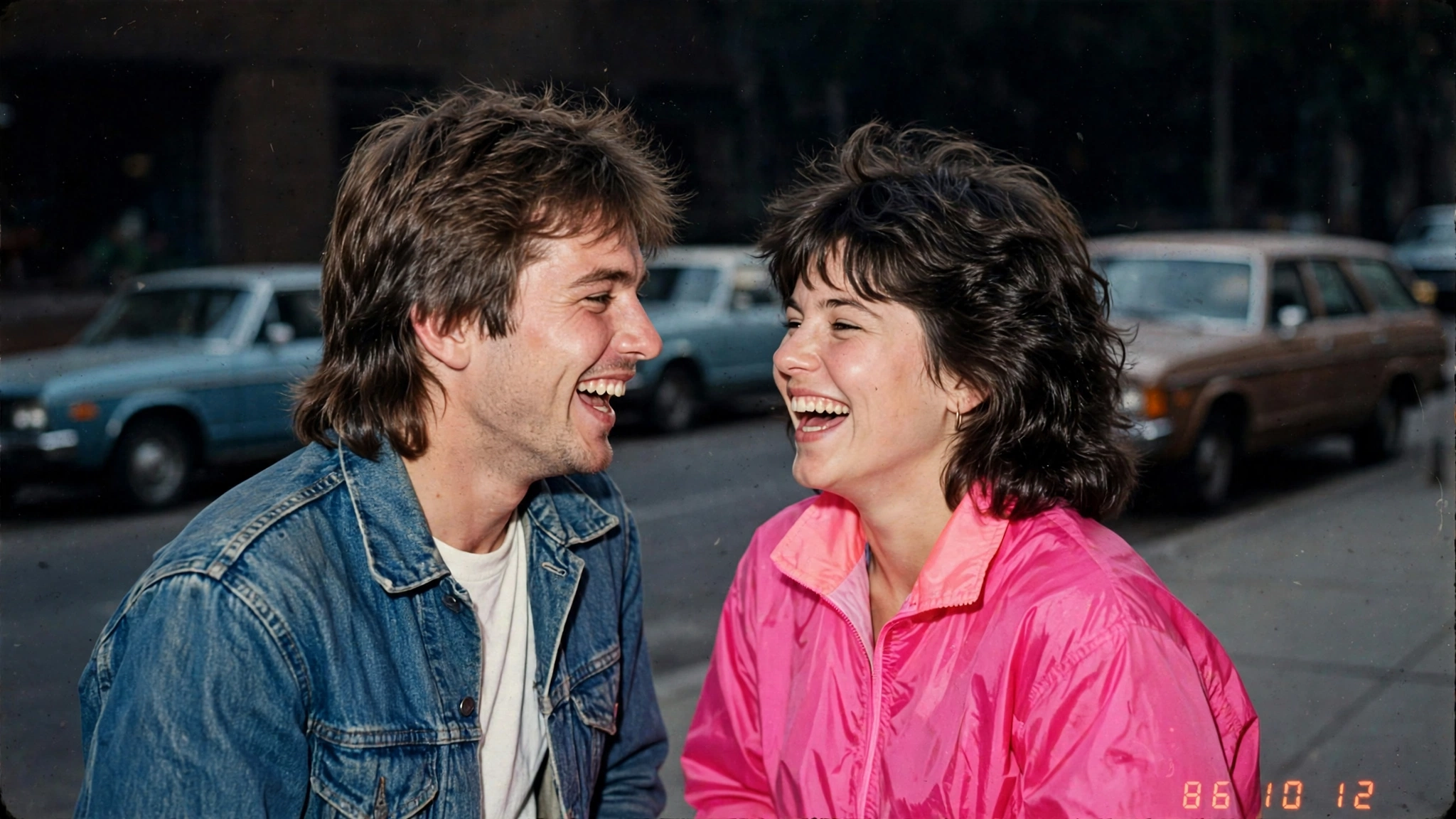 Candid 1985 street photo couple laughing, 80s AI photo trend
