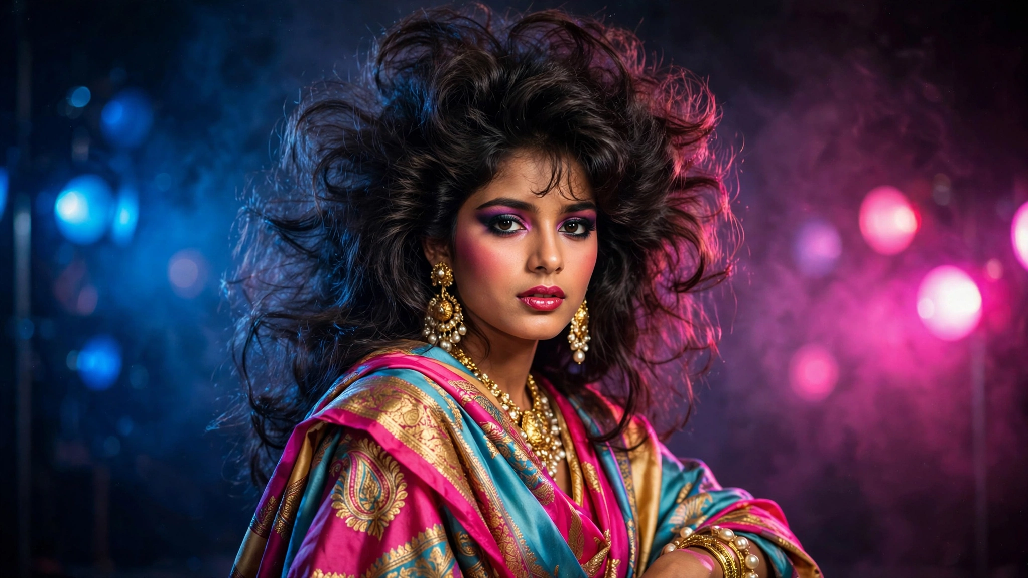 Cinematic 1985 studio glamour portrait in 80s AI photo trend style
