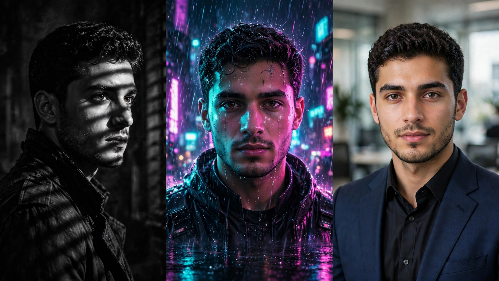 AI photo styles 2026: noir, cyberpunk and CEO portrait triptych