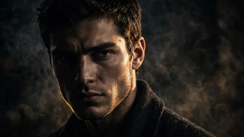 Cinematic noir AI photo style portrait with dramatic shadows 2026