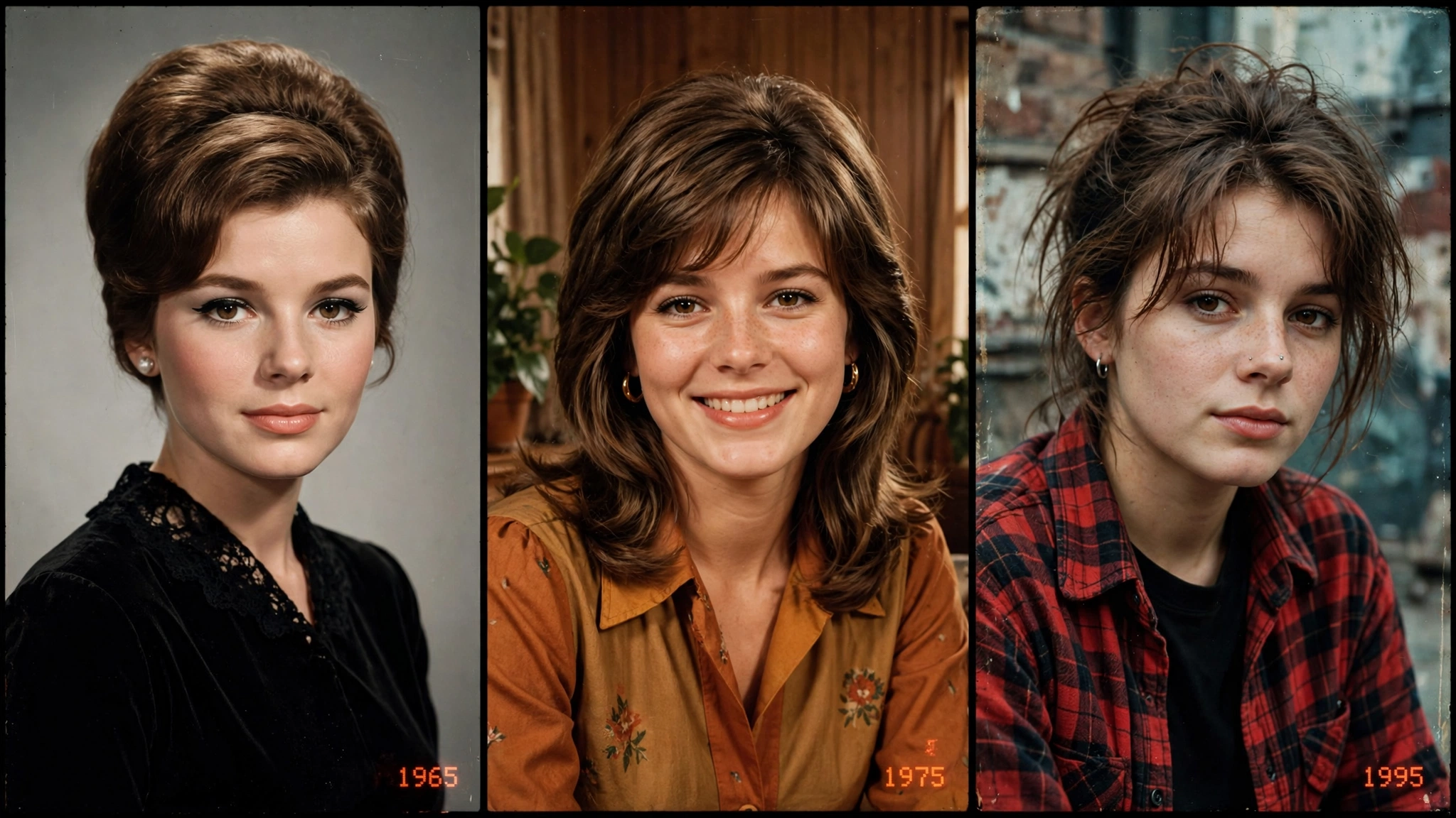 Retro AI photo trend: same woman in 1960s, 1970s and 1990s styles