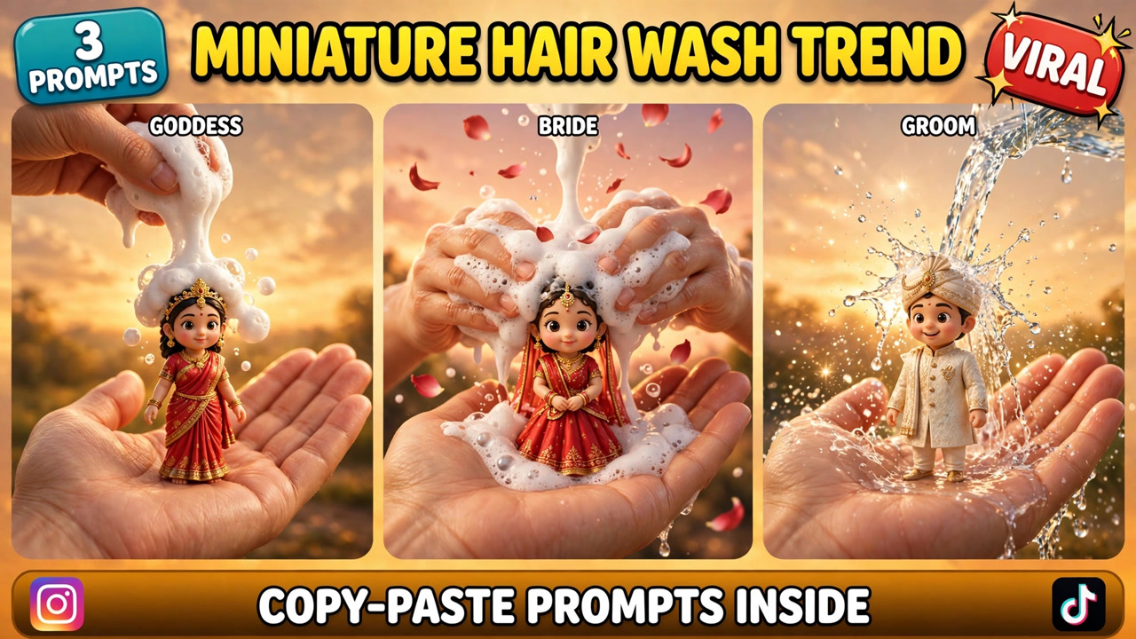 Tiny miniature figure standing on a giant open palm while a giant hand washes its hair with shampoo foam at sunset