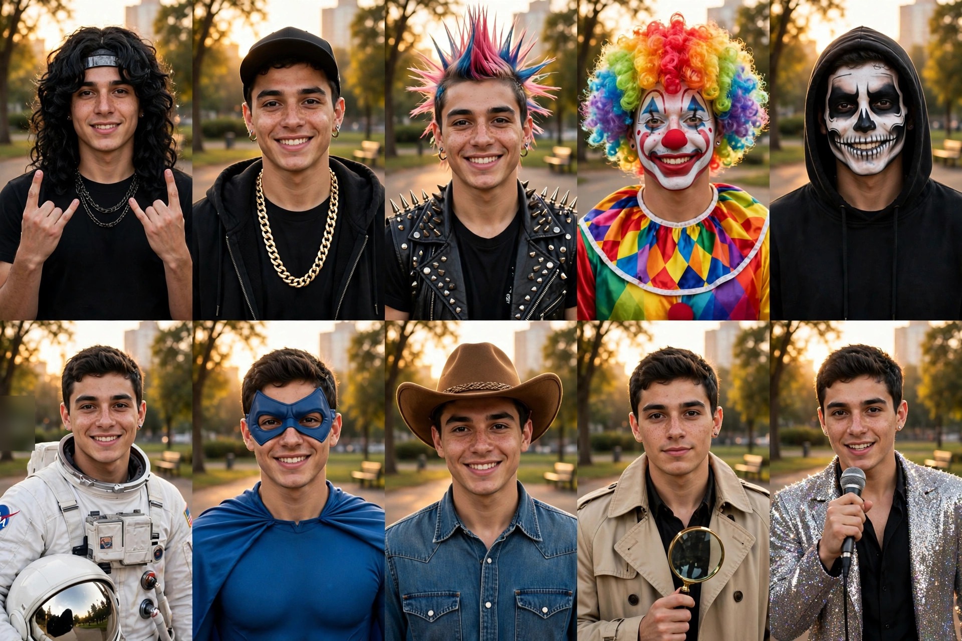 Ten-panel carousel grid showing the same person as ten different personas, including a metalhead, punk, clown, astronaut, superhero, cowboy, detective and pop star