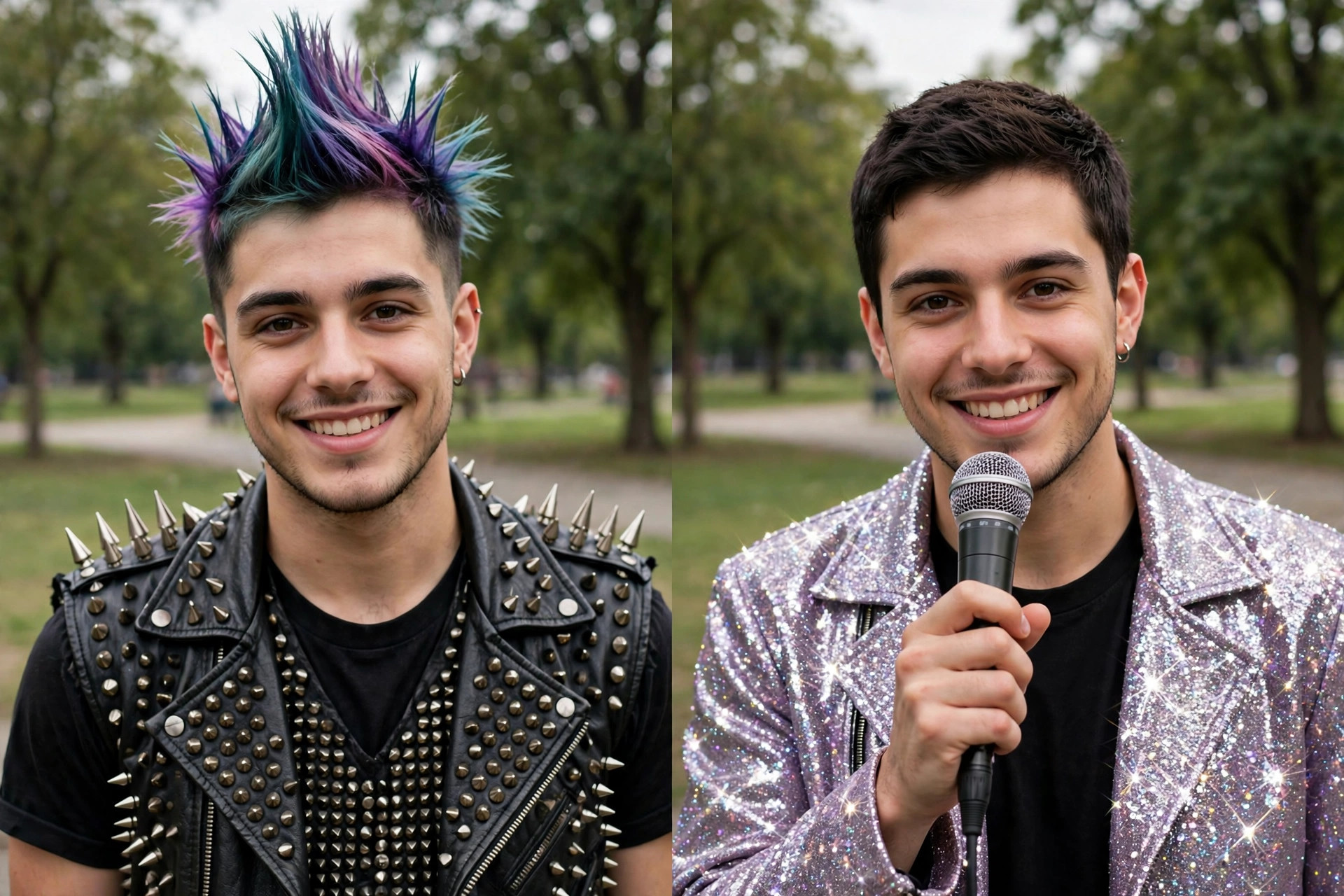 Split-frame photo showing the same person as a punk on the left and a pop star on the right