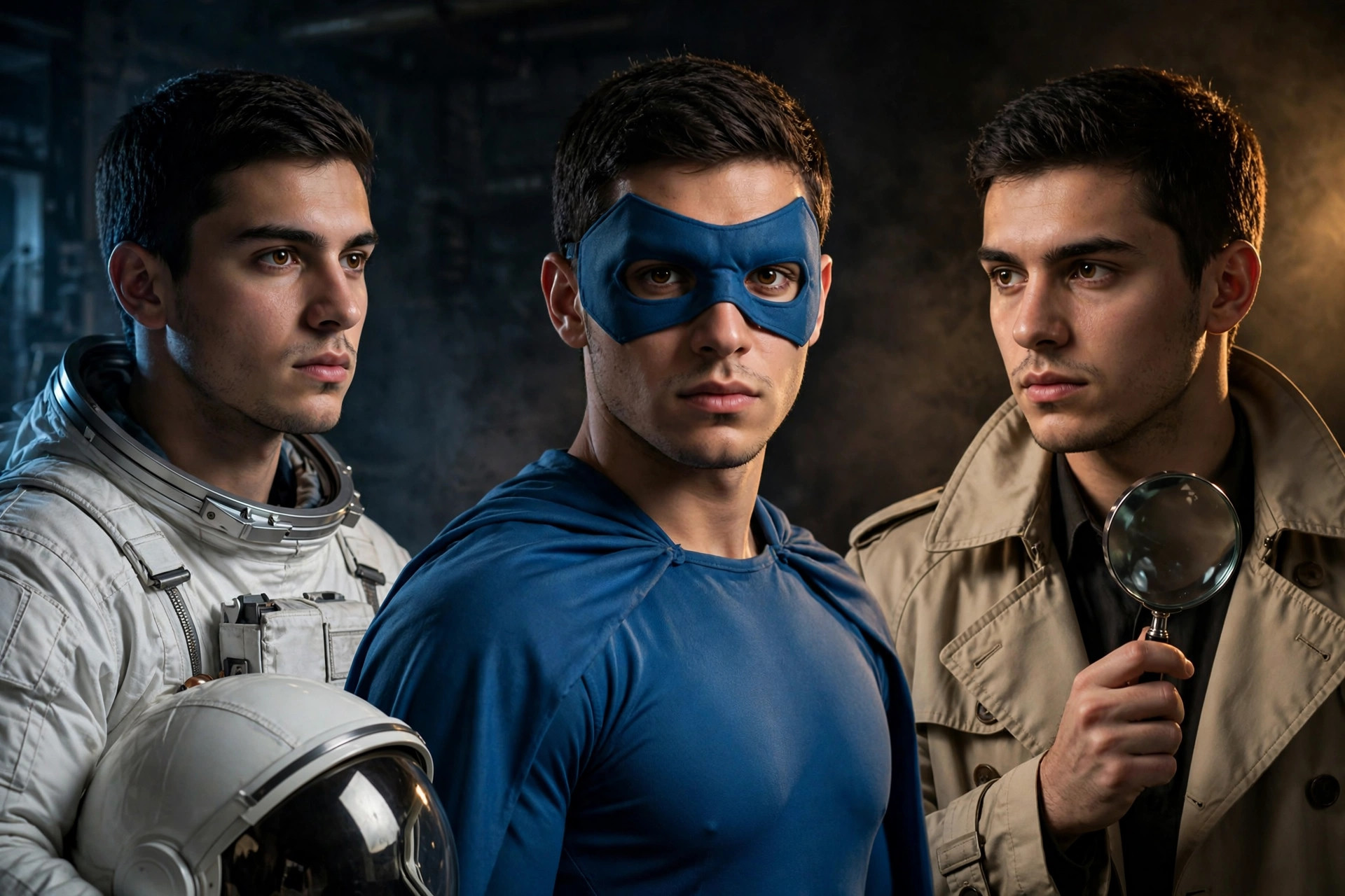 Cinematic trio portrait of the same person as an astronaut, superhero and detective standing side by side