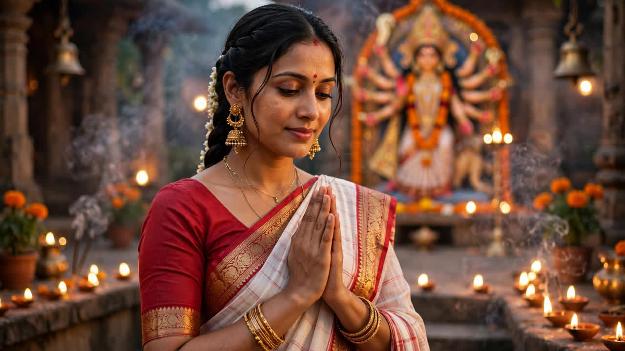 AI-generated Durga Puja devotional portrait of a woman in a red-and-white Bengali saree with gold jewelry, hands folded in namaste before a warm-lit temple Durga idol