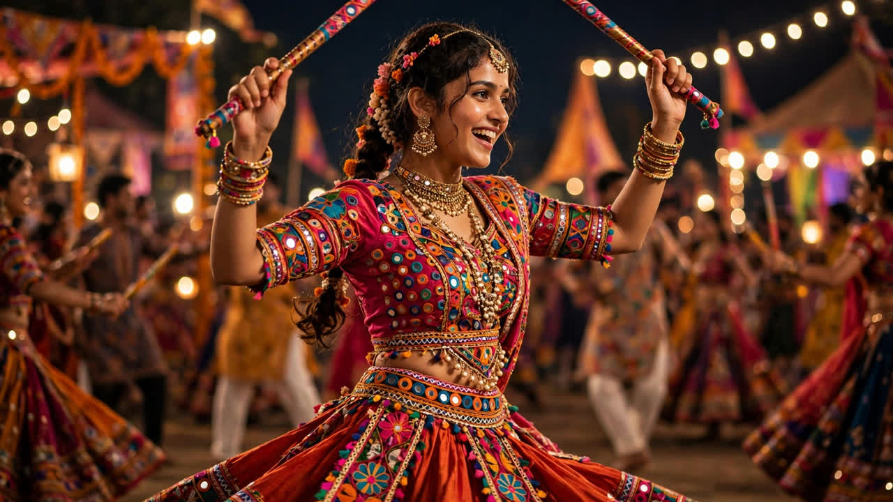 AI-generated Garba night portrait of a woman in a mirror-work chaniya choli holding decorated dandiya sticks at a fairy-lit night festival