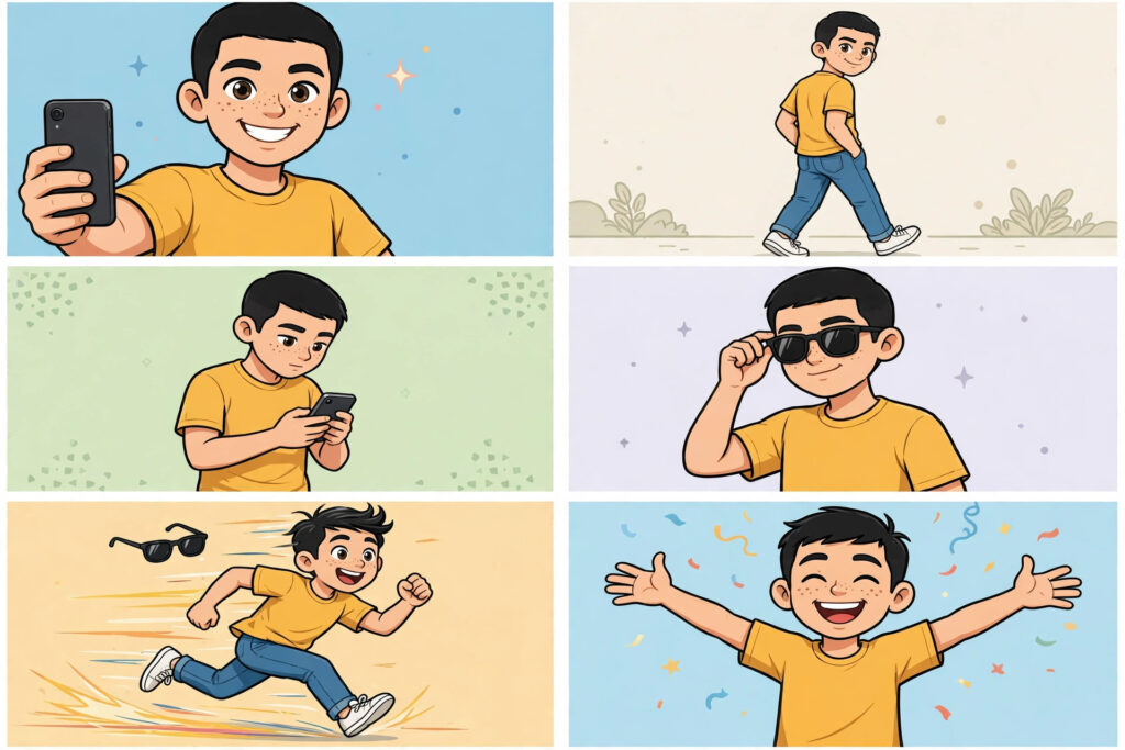 AI result image: six-panel cartoon strip of the same young man posing for a selfie, walking away, checking his phone, wearing sunglasses, running, and celebrating with open arms