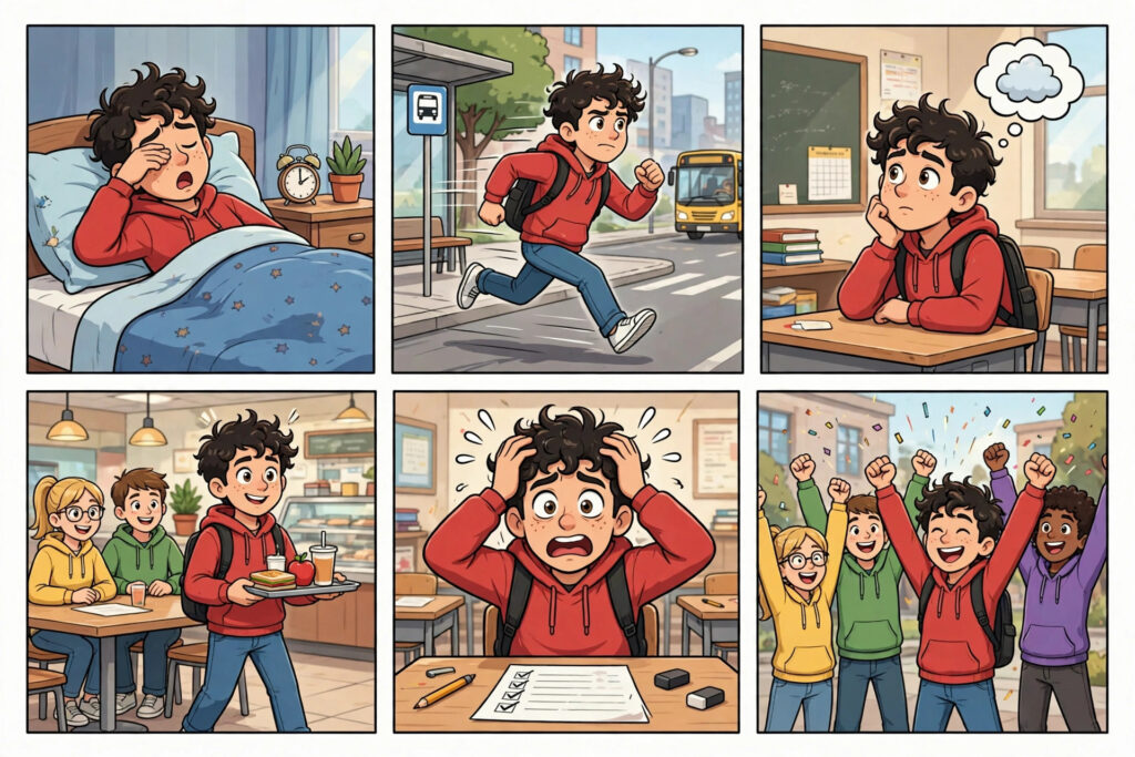 AI result image: six-panel cartoon strip of a college student waking up sleepy, running for the bus, daydreaming in class, carrying a canteen tray, panicking over a result, and celebrating with friends