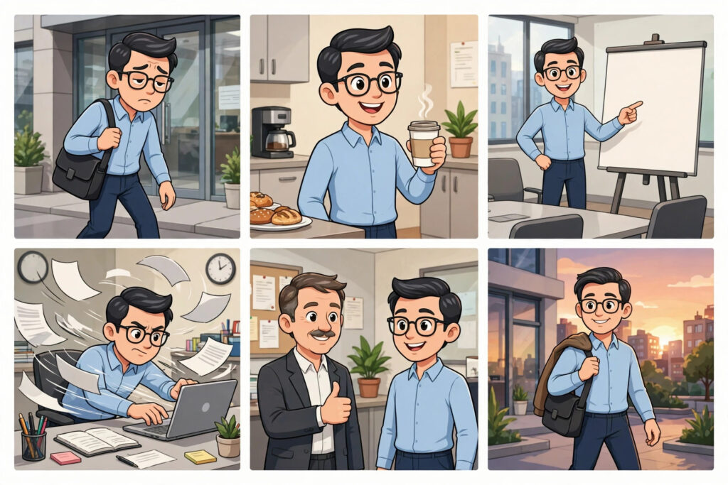 AI result image: six-panel cartoon strip of an office worker arriving tired on Monday, reviving with coffee, presenting in a meeting, rushing a deadline, getting a thumbs up from his boss, and walking out on Friday evening