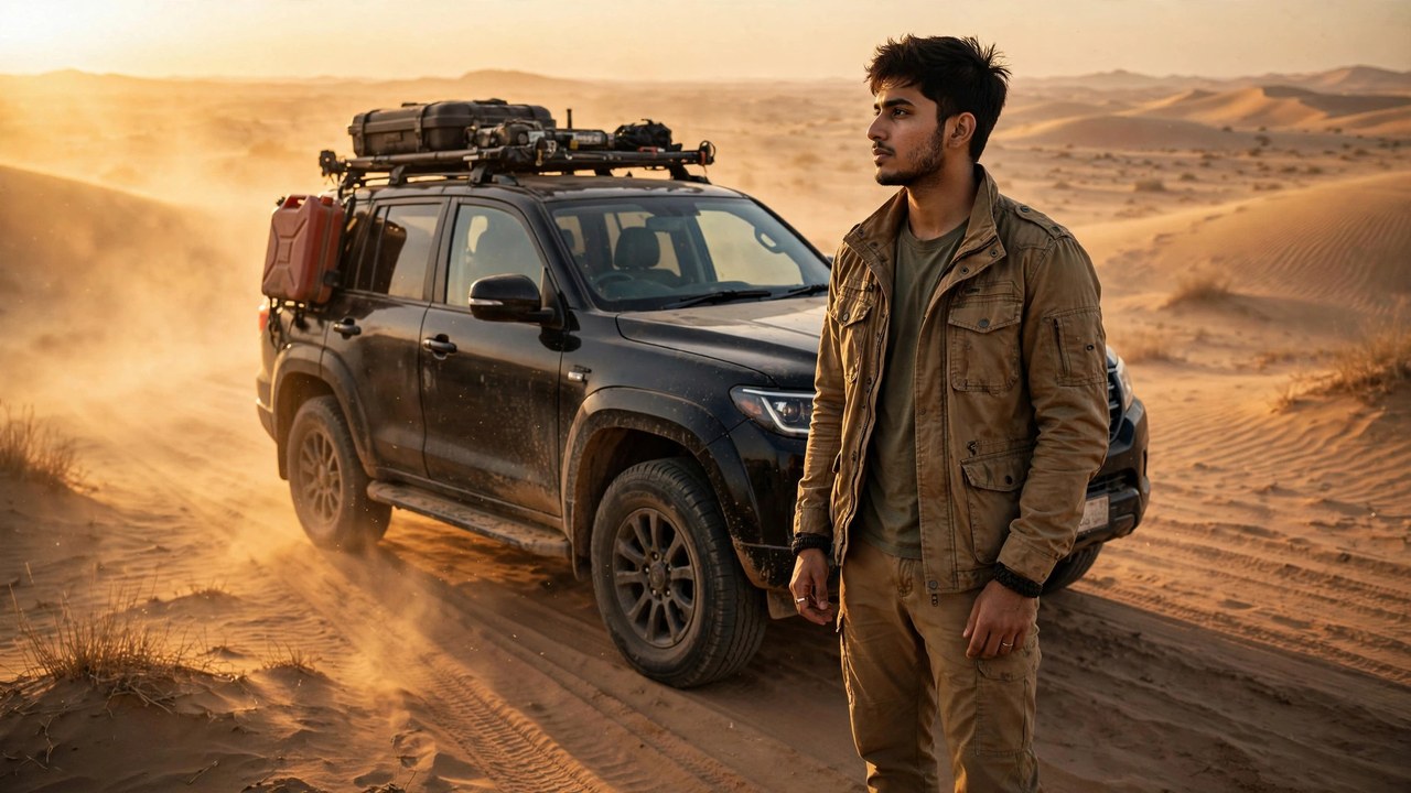 Result image: man in tan cargo jacket and boots standing beside a black Scorpio SUV with roof rack and expedition gear on desert dunes at golden hour