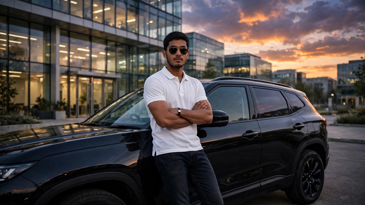 Result image: man in white polo shirt and sunglasses leaning against a black Scorpio SUV in front of a modern glass building at dusk