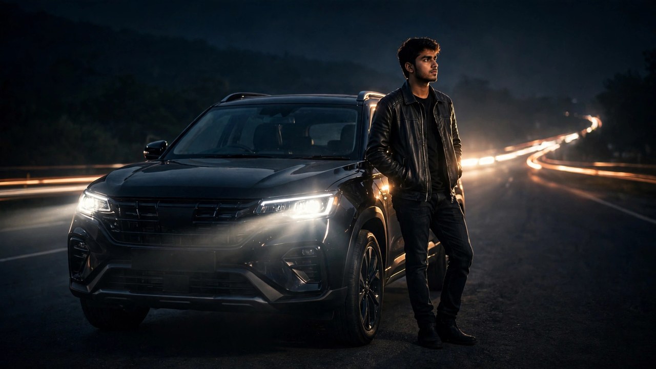 Result image: man in black leather jacket leaning on a black Scorpio SUV with LED headlights on, on a dark night highway with light trails
